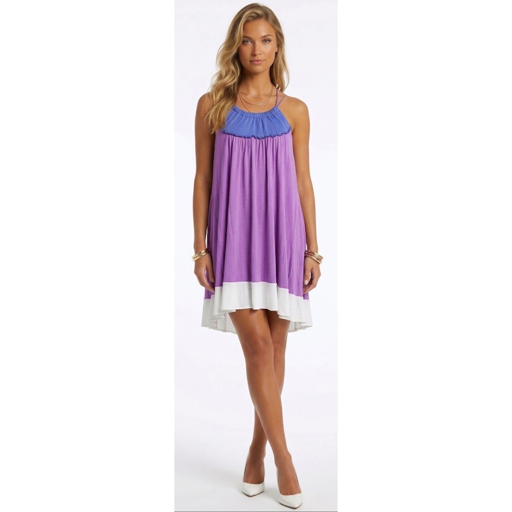 Calypso‎ Christiane Celle Purple Colorblock Ruffle Halter Mini Dress XS